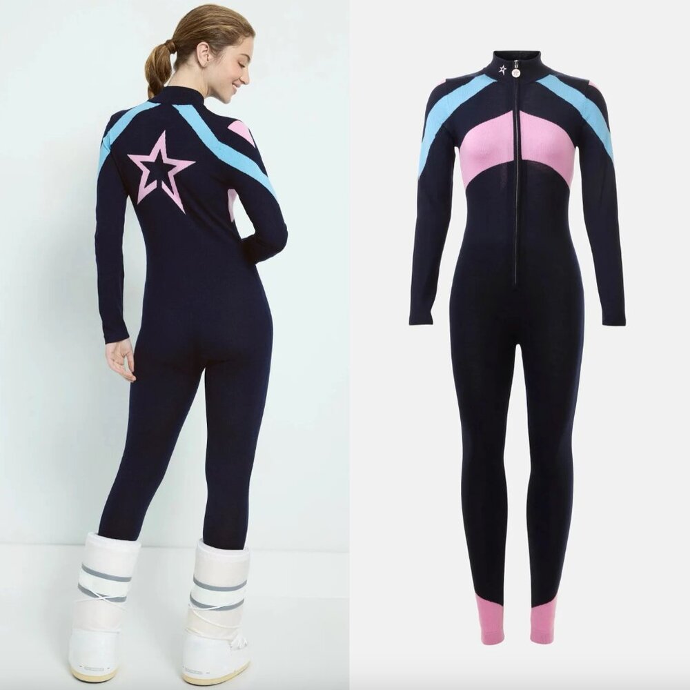 Perfect Moment Tignes Merino Wool Ski Jumpsuit Navy Blue Pink Star Stripe XL